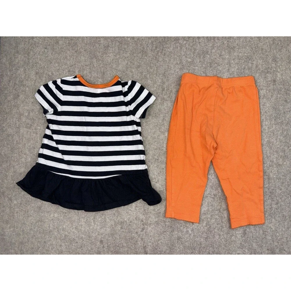 Carter's Girls 12 Months 2 Piece Halloween Pumpkin Striped Shirt Pants Orange